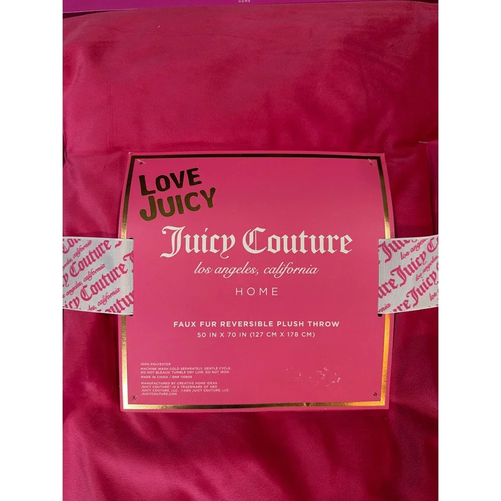 Juicy Couture Pink Black Faux Fur Reversible Plush Throw Blanket Rhinestone Logo
